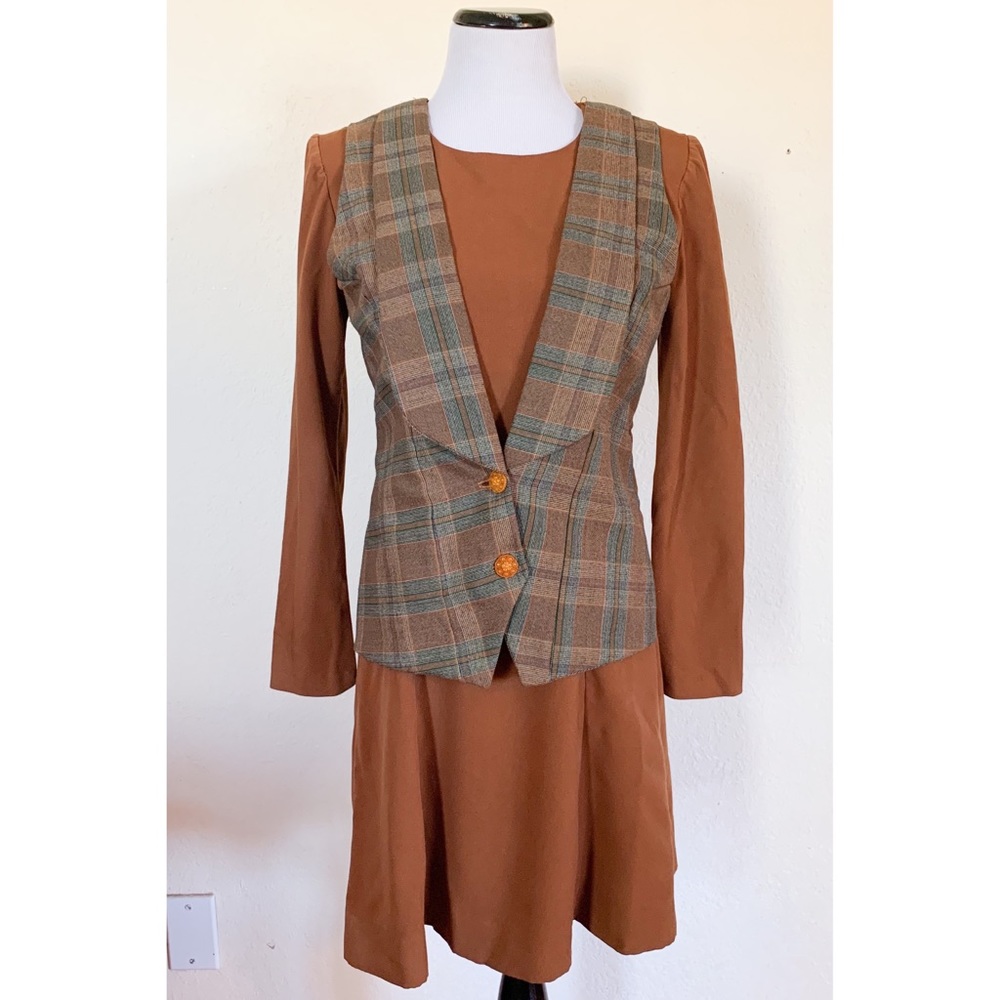 Vintage 70s Handmade Plaid Vest Dress